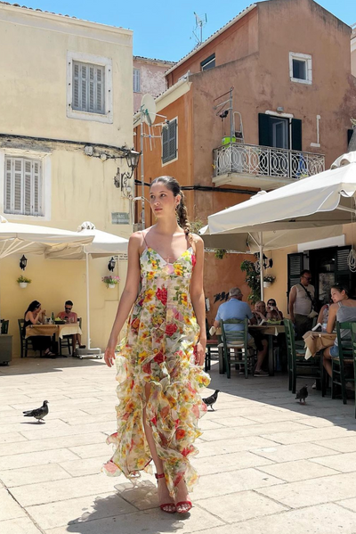 Oceana | Chiffon Rose Print Slit Maxi Dress