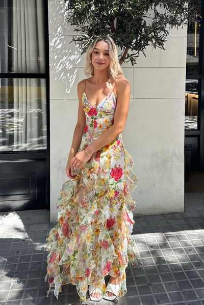 Oceana | Chiffon Rose Print Slit Maxi Dress