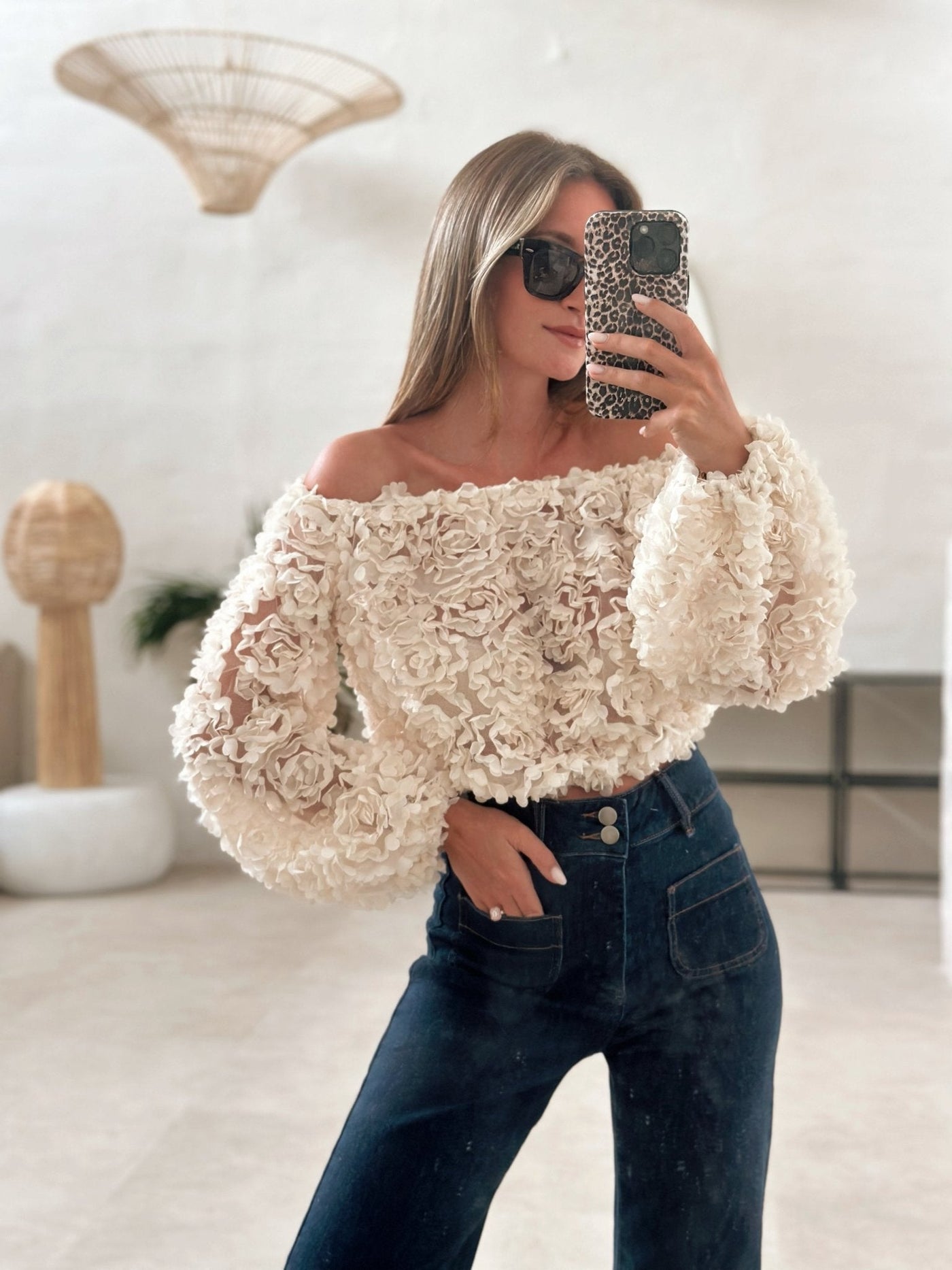 Reanne - Off-Shoulder Rose Textured Top