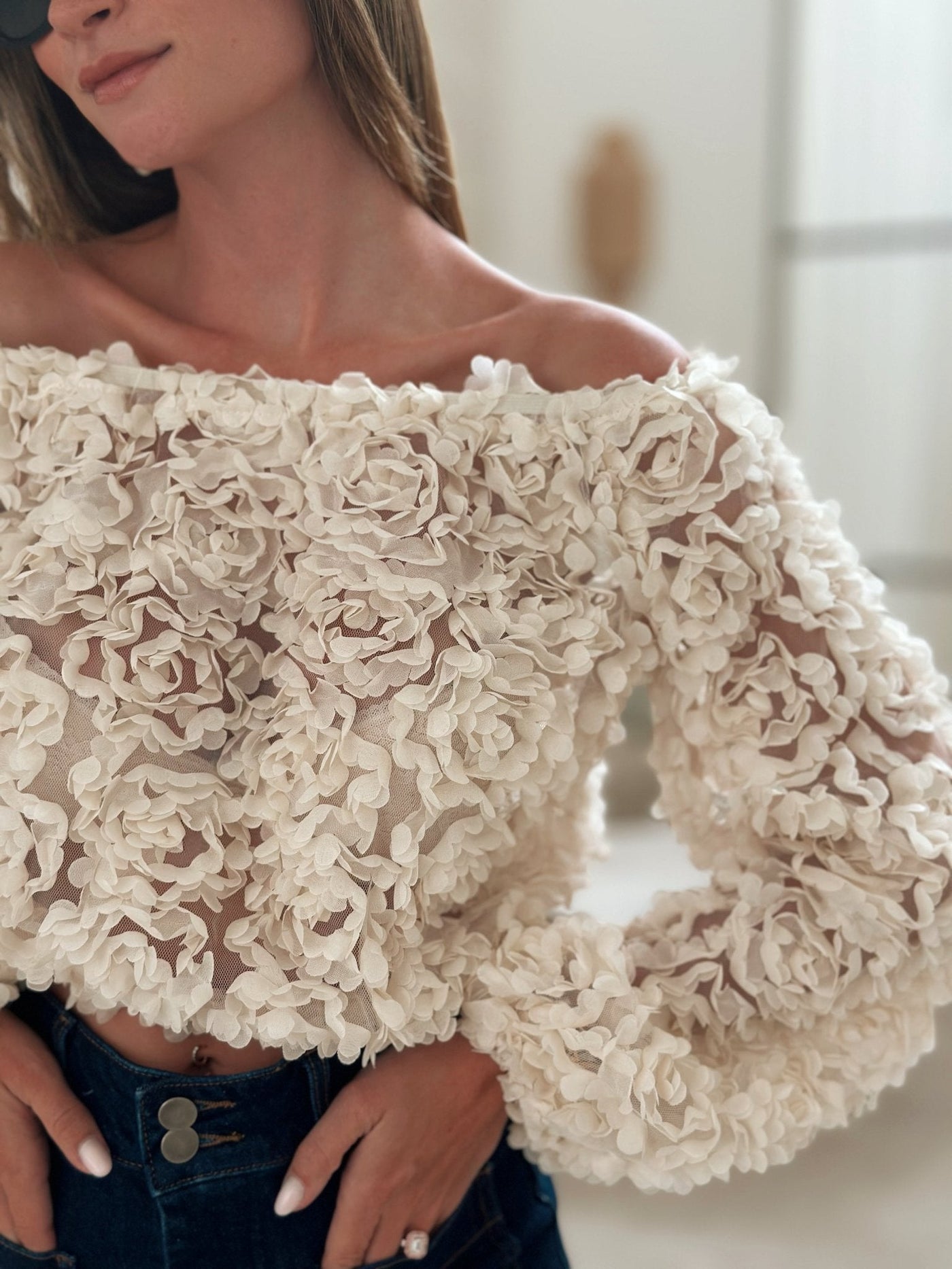 Reanne - Off-Shoulder Rose Textured Top